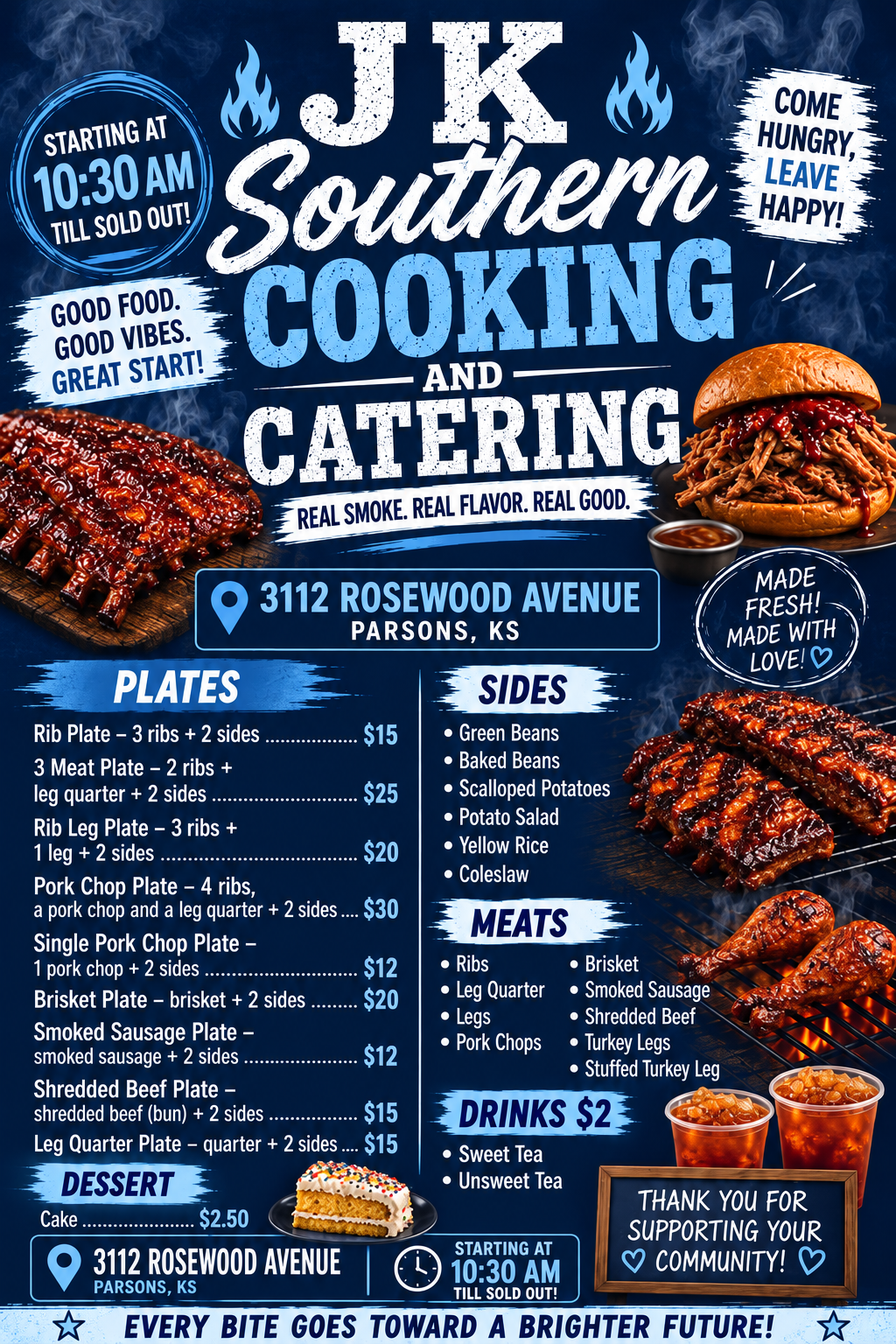 JK Southern Cooking and Catering full menu flyer with plates, sides, meats, drinks, dessert and visit details